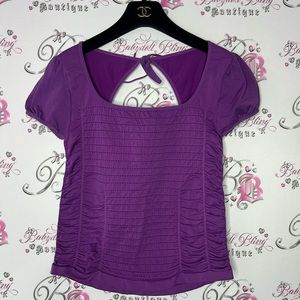 Guilty! Tshirt stretchy open back bow tie purple rutched body con cinched y2k